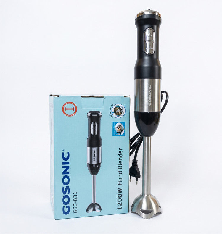 گوشتکوب برقی گوسونیک اورجینال ۱۲۰۰ وات مدل GSB-831 | موتور پرقدرت + دکمه توربو + تیغه ۴ پره ضد پاشش + تنظیم سرعت + کار مستقیم در قابلمه داغ | مناسب پوره، سوپ و اسموتی